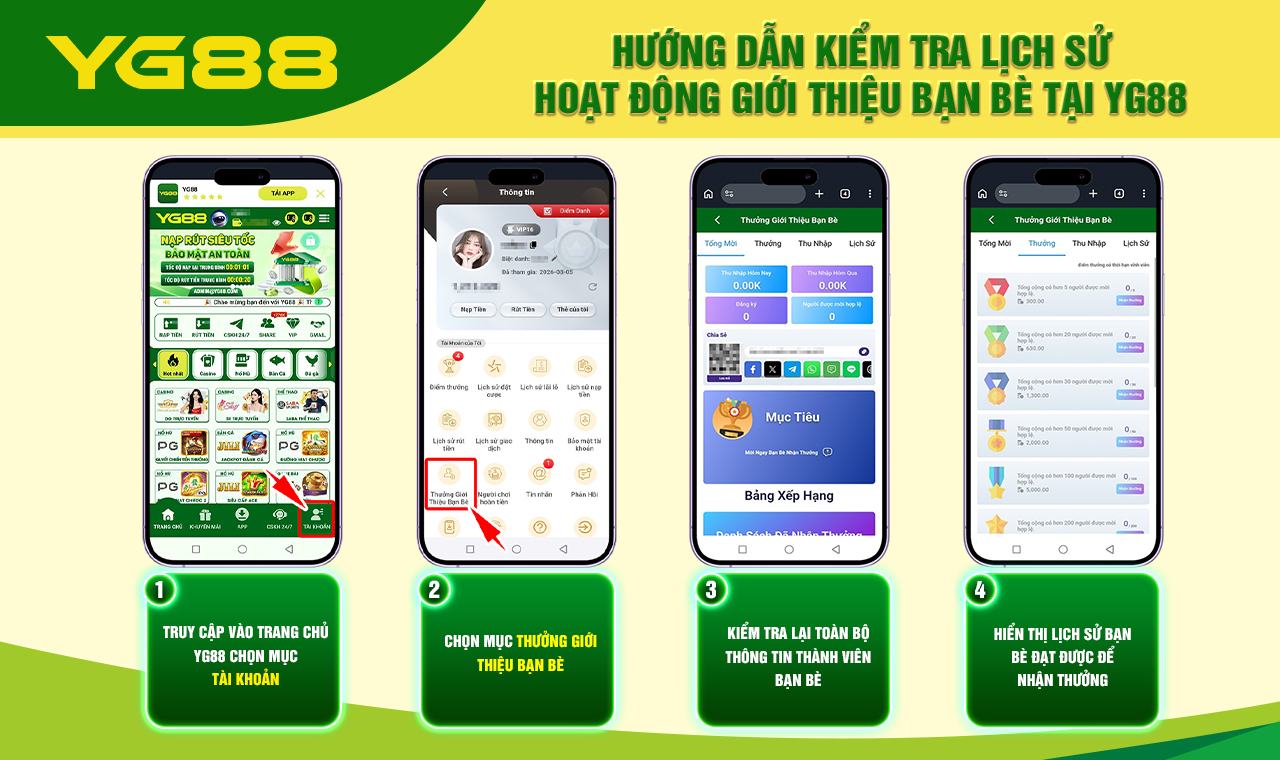 HƯỚNG DẪN KIỂM TRA LỊCH SỬ HOẠT ĐỘNG GIỚI THIỆU BẠN BÈ TẠI YG88